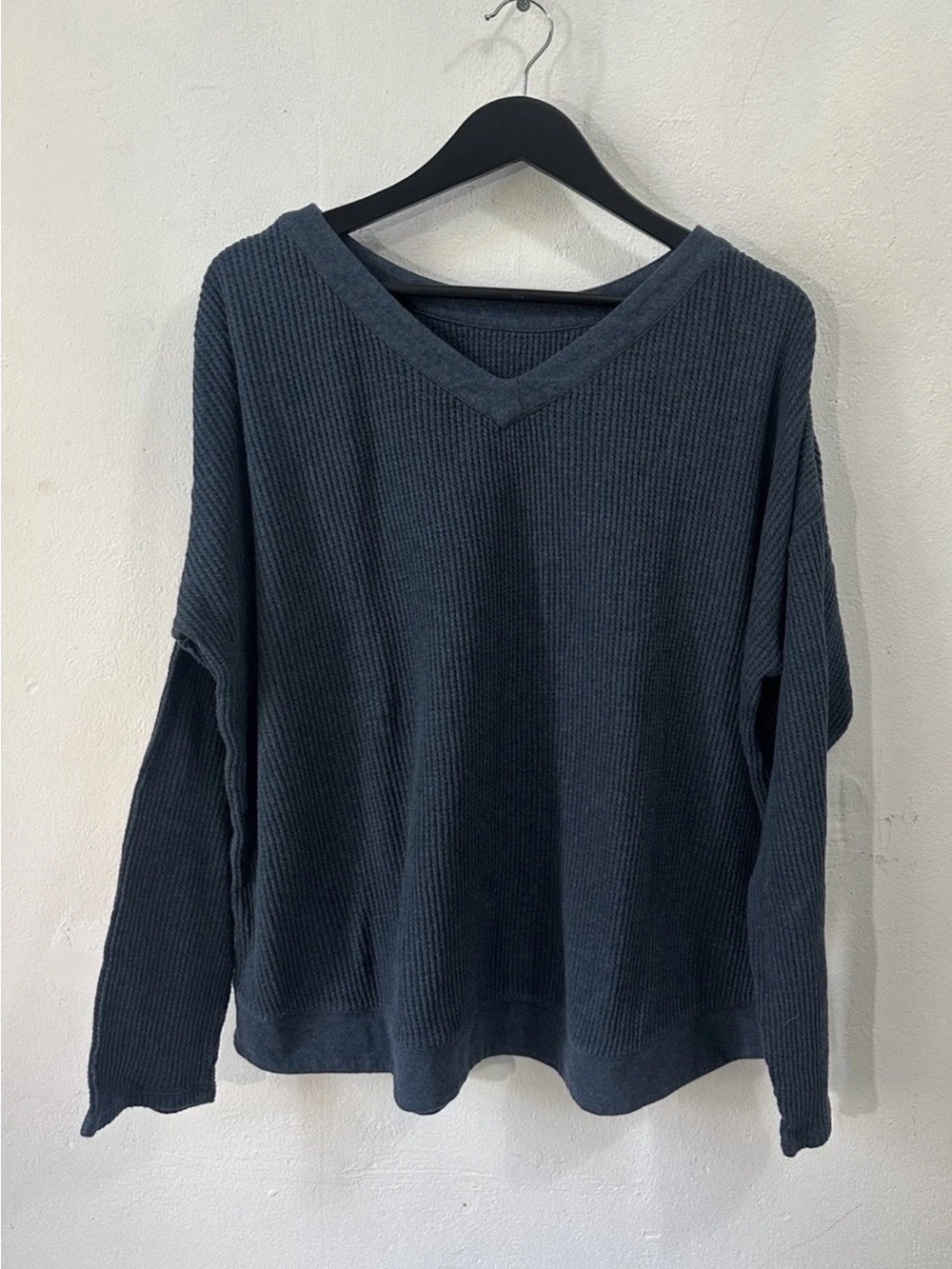 J.Jill Womens M Blue Waffle Knit V Neck Long Sleeve Oversized Cotton Top